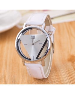Succinct Triangle Hollow Transparent Design Roman Character Leather Fashion Wrist Watch - White