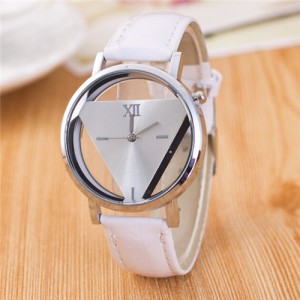 Succinct Triangle Hollow Transparent Design Roman Character Leather Fashion Wrist Watch - White