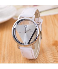 Succinct Triangle Hollow Transparent Design Roman Character Leather Fashion Wrist Watch - White