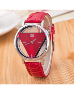 Succinct Triangle Hollow Transparent Design Roman Character Leather Fashion Wrist Watch - Red