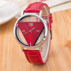 Succinct Triangle Hollow Transparent Design Roman Character Leather Fashion Wrist Watch - Red