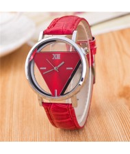 Succinct Triangle Hollow Transparent Design Roman Character Leather Fashion Wrist Watch - Red