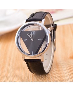 Succinct Triangle Hollow Transparent Design Roman Character Leather Fashion Wrist Watch - Black