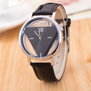 Succinct Triangle Hollow Transparent Design Roman Character Leather Fashion Wrist Watch - Black