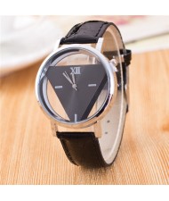 Succinct Triangle Hollow Transparent Design Roman Character Leather Fashion Wrist Watch - Black