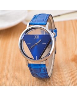 Succinct Triangle Hollow Transparent Design Roman Character Leather Fashion Wrist Watch - Royal Blue