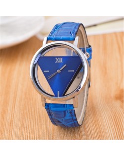 Succinct Triangle Hollow Transparent Design Roman Character Leather Fashion Wrist Watch - Royal Blue