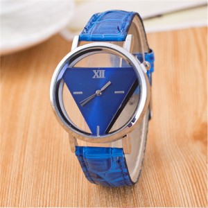 Succinct Triangle Hollow Transparent Design Roman Character Leather Fashion Wrist Watch - Royal Blue