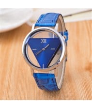 Succinct Triangle Hollow Transparent Design Roman Character Leather Fashion Wrist Watch - Royal Blue