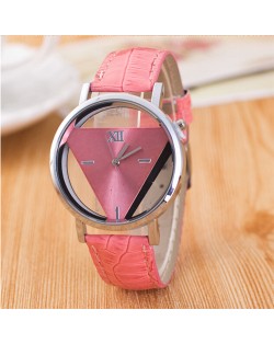 Succinct Triangle Hollow Transparent Design Roman Character Leather Fashion Wrist Watch - Pink