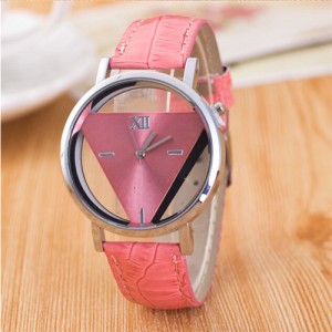 Succinct Triangle Hollow Transparent Design Roman Character Leather Fashion Wrist Watch - Pink