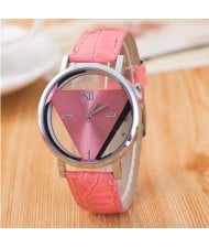 Succinct Triangle Hollow Transparent Design Roman Character Leather Fashion Wrist Watch - Pink