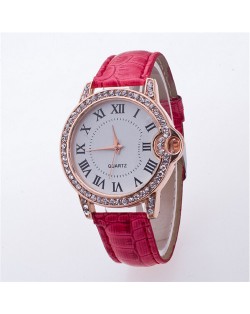 Luxurious Rhinestone Rimmed Roman Character Crocodile Skin Texture Wristband Fashion Watch - Red