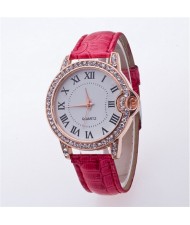 Luxurious Rhinestone Rimmed Roman Character Crocodile Skin Texture Wristband Fashion Watch - Red