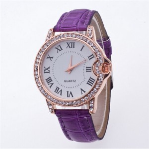 Luxurious Rhinestone Rimmed Roman Character Crocodile Skin Texture Wristband Fashion Watch - Purple