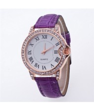 Luxurious Rhinestone Rimmed Roman Character Crocodile Skin Texture Wristband Fashion Watch - Purple