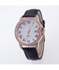 Luxurious Rhinestone Rimmed Roman Character Crocodile Skin Texture Wristband Fashion Watch - Black