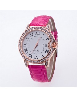 Luxurious Rhinestone Rimmed Roman Character Crocodile Skin Texture Wristband Fashion Watch - Rose