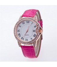 Luxurious Rhinestone Rimmed Roman Character Crocodile Skin Texture Wristband Fashion Watch - Rose