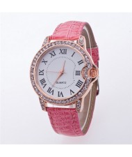 Luxurious Rhinestone Rimmed Roman Character Crocodile Skin Texture Wristband Fashion Watch - Pink