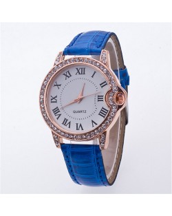 Luxurious Rhinestone Rimmed Roman Character Crocodile Skin Texture Wristband Fashion Watch - Royal Blue