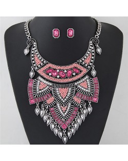 Blended Gems and Mini Beads Arch Pendant Fashion Short Necklace and Earrings Set - Pink