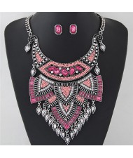 Blended Gems and Mini Beads Arch Pendant Fashion Short Necklace and Earrings Set - Pink