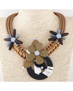 Artistic Wooden Flowers Weaving Pattern Three Layers Leather Necklace - Brown