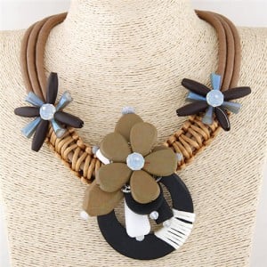Artistic Wooden Flowers Weaving Pattern Three Layers Leather Necklace - Brown