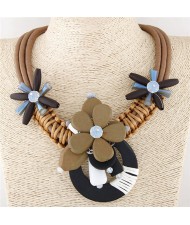 Artistic Wooden Flowers Weaving Pattern Three Layers Leather Necklace - Brown