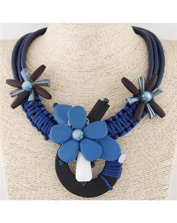 Artistic Wooden Flowers Weaving Pattern Three Layers Leather Necklace - Blue