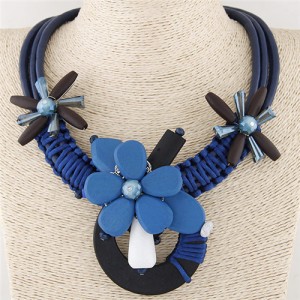 Artistic Wooden Flowers Weaving Pattern Three Layers Leather Necklace - Blue