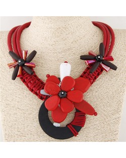 Artistic Wooden Flowers Weaving Pattern Three Layers Leather Necklace - Red