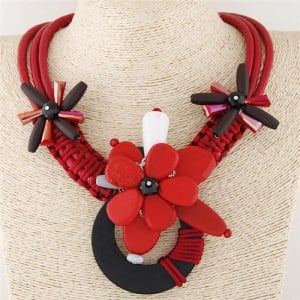 Artistic Wooden Flowers Weaving Pattern Three Layers Leather Necklace - Red
