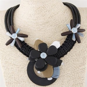 Artistic Wooden Flowers Weaving Pattern Three Layers Leather Necklace - Black