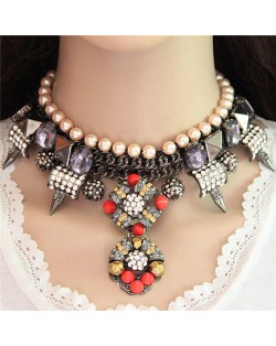 Resin Gems Floral and Rivent Pendants with Pearl Chain Combo Alloy Necklace - Champagne