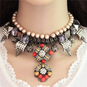 Resin Gems Floral and Rivent Pendants with Pearl Chain Combo Alloy Necklace - Champagne
