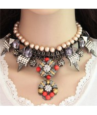 Resin Gems Floral and Rivent Pendants with Pearl Chain Combo Alloy Necklace - Champagne