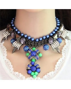 Resin Gems Floral and Rivent Pendants with Pearl Chain Combo Alloy Necklace - Blue