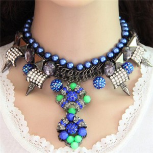 Resin Gems Floral and Rivent Pendants with Pearl Chain Combo Alloy Necklace - Blue