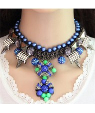 Resin Gems Floral and Rivent Pendants with Pearl Chain Combo Alloy Necklace - Blue