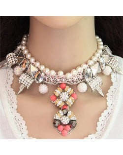 Resin Gems Floral and Rivent Pendants with Pearl Chain Combo Alloy Necklace - White