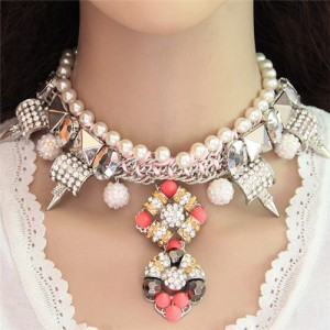 Resin Gems Floral and Rivent Pendants with Pearl Chain Combo Alloy Necklace - White
