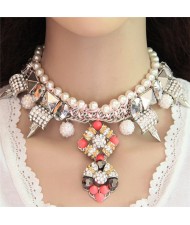 Resin Gems Floral and Rivent Pendants with Pearl Chain Combo Alloy Necklace - White