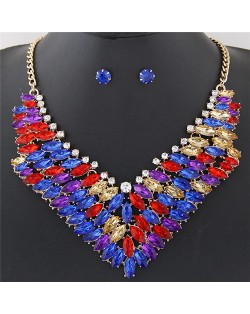 Brightful Resin Gems Floral Theme Fashion Short Necklace and Earrings Set - Multicolor
