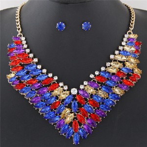 Brightful Resin Gems Floral Theme Fashion Short Necklace and Earrings Set - Multicolor