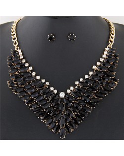 Brightful Resin Gems Floral Theme Fashion Short Necklace and Earrings Set - Black
