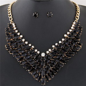 Brightful Resin Gems Floral Theme Fashion Short Necklace and Earrings Set - Black