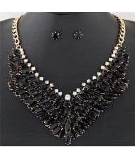 Brightful Resin Gems Floral Theme Fashion Short Necklace and Earrings Set - Black
