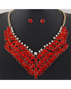 Brightful Resin Gems Floral Theme Fashion Short Necklace and Earrings Set - Red